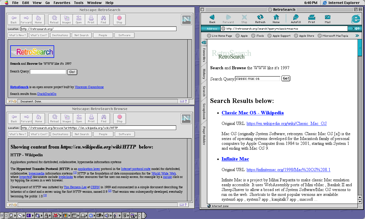 RetroSearch on Netscape and IE running on Mac OS 9